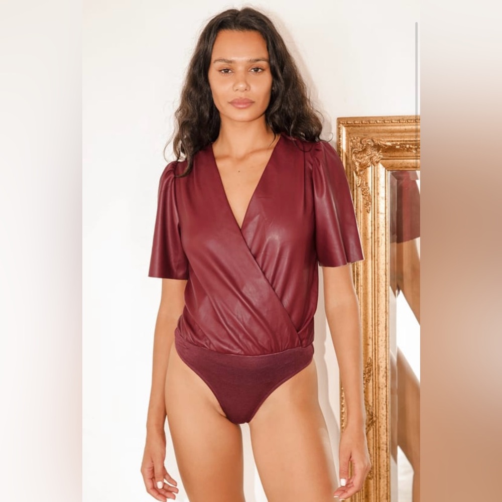 Lulus With Finesse Burgundy Vegan Leather Puff Sleeve Bodysuit